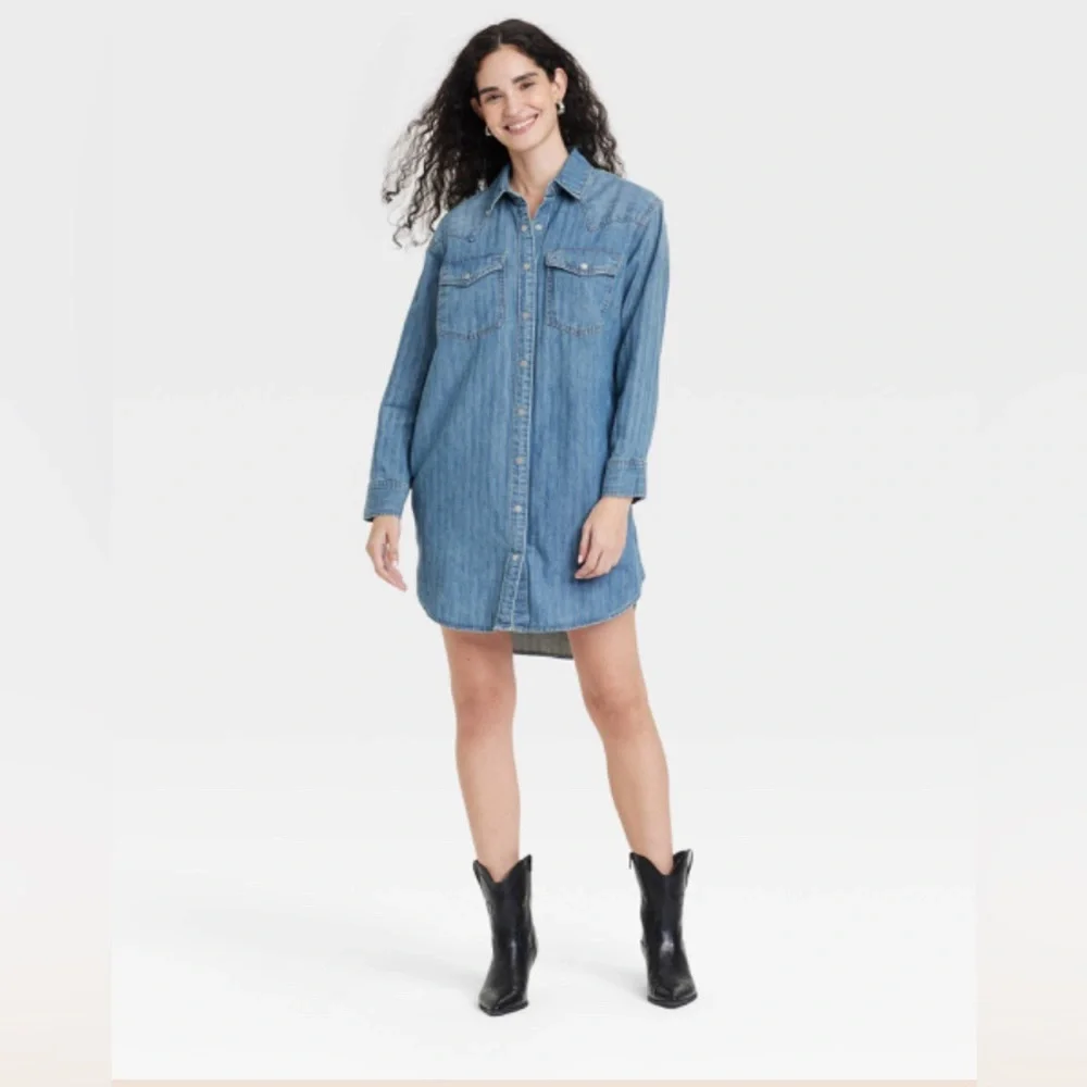 Women's Western Denim Dress-Universal Thread Midi Size SM Oversized Jean Shirt - Picture 1 of 11